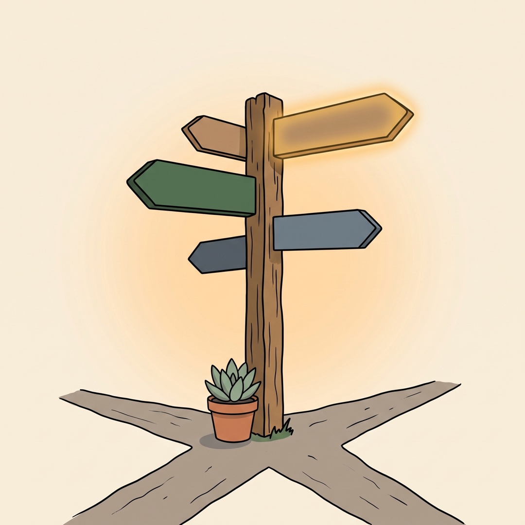 Illustration of a signpost at a crossroads pointing several ways, one path highlighted