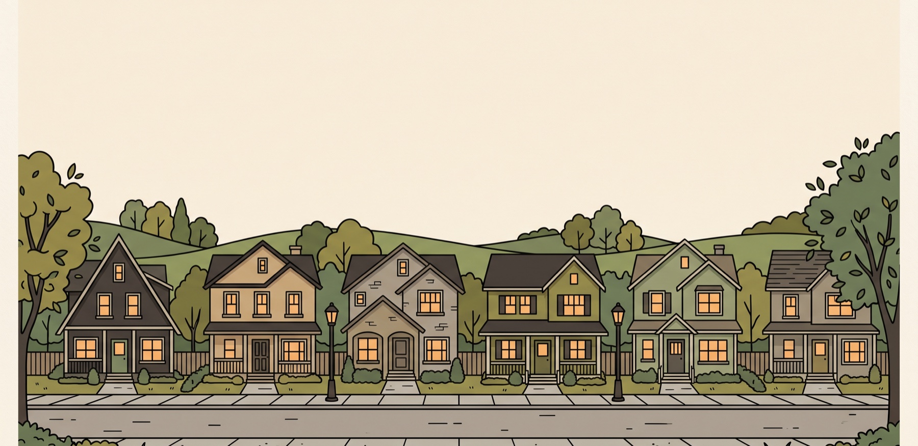 Illustration of a neighborhood street at dusk with warm glowing windows